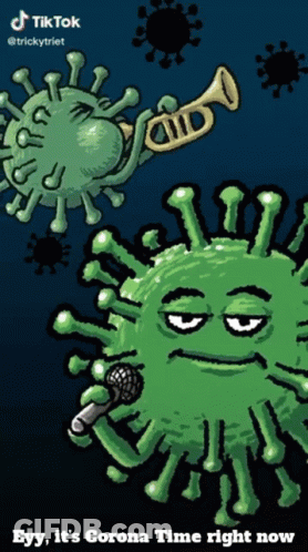 A Cartoon Of A Virus Playing A Trumpet And Singing Into A Microphone That Says Tiktok @Trickytriet GIF