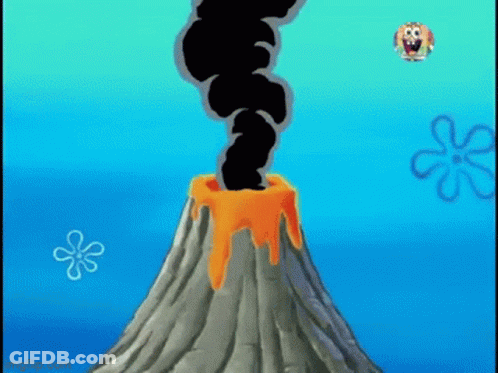 A Cartoon Of A Volcano With Black Smoke Coming Out Of It GIF
