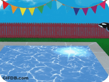 A Cartoon Of A Whale Jumping Into A Pool With A Red Fence In The Background GIF