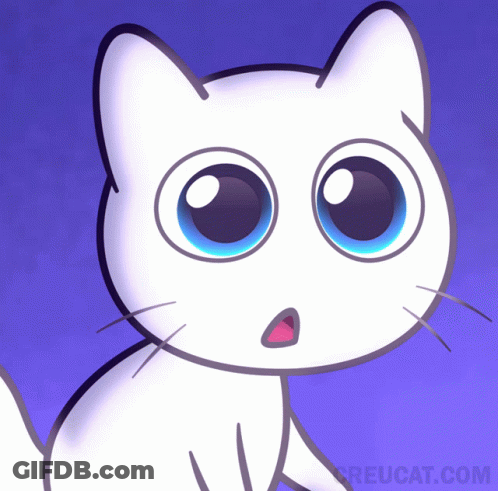 A Cartoon Of A White Cat With Blue Eyes And The Website Creucat.com GIF