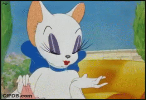 A Cartoon Of A White Cat With Purple Eyes And A Blue Collar GIF