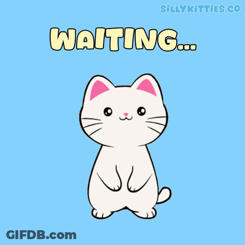 A Cartoon Of A White Cat With The Words Waiting Written Above It GIF