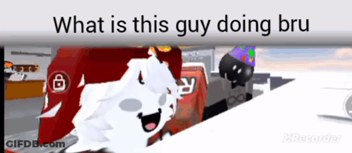 A Cartoon Of A White Dog Standing Next To A Red Car With The Words `` What Is This Guy Doing Bru '' . GIF