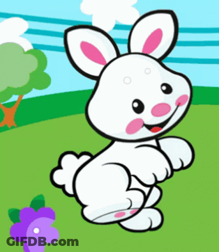 A Cartoon Of A White Rabbit With Pink Ears Standing In A Field GIF