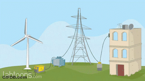A Cartoon Of A Wind Turbine And A Building With Labtoons.com Written On The Bottom Right GIF