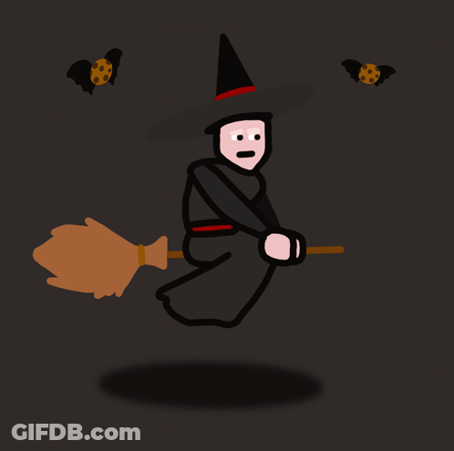 A Cartoon Of A Witch Flying On A Broom With Two Bats Behind Her GIF