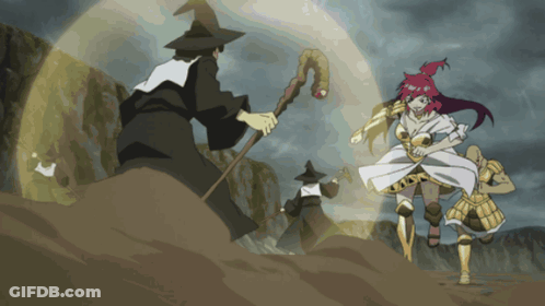 A Cartoon Of A Witch Holding A Cane Standing Next To A Woman In A White Dress GIF