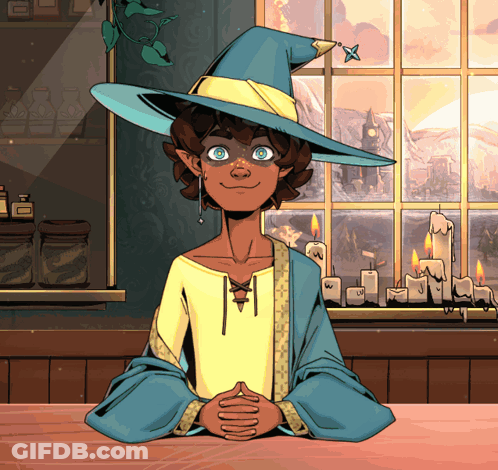A Cartoon Of A Witch Sitting At A Table In Front Of Candles GIF