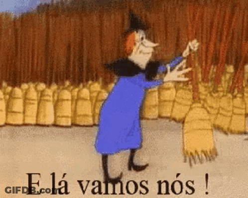 A Cartoon Of A Witch With The Words " E La Vamos Nos " On The Bottom GIF