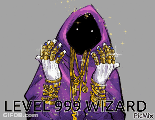 A Cartoon Of A Wizard With A Purple Hood And Gold Chains GIF
