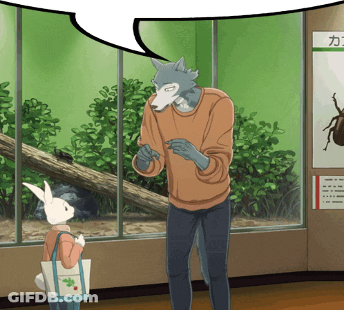 A Cartoon Of A Wolf And A Rabbit Talking In Front Of A Window GIF