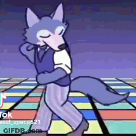 A Cartoon Of A Wolf Dancing On A Disco Floor . GIF