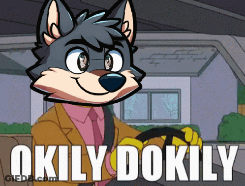 A Cartoon Of A Wolf Driving A Car With The Words Okly Dokily Written Below Him GIF
