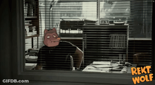 A Cartoon Of A Wolf Looking Out A Window With The Words " Rekt Wolf " Below Him GIF
