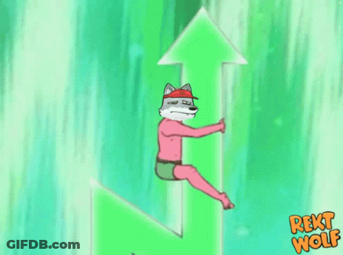 A Cartoon Of A Wolf Sitting On A Green Arrow With The Words Rekt Wolf Below It GIF