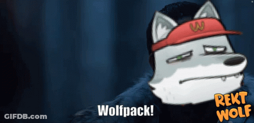 A Cartoon Of A Wolf Wearing A Red Hat With The Word Wolfpack Below It GIF