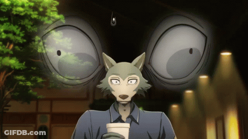 A Cartoon Of A Wolf With Big Eyes Holding A Cup Of Coffee GIF