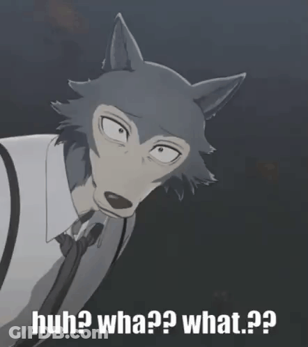 A Cartoon Of A Wolf With The Words Huh Wha What On The Bottom GIF