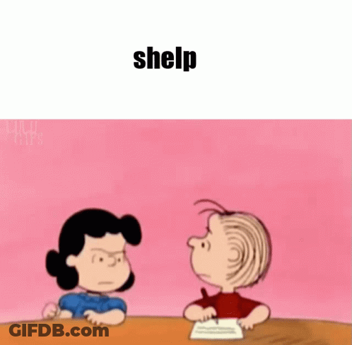 A Cartoon Of A Woman And A Boy Sitting At A Table With The Words `` Shelp '' Written Above Them . GIF