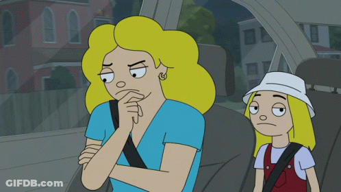 A Cartoon Of A Woman And A Girl In A Car With One Girl Wearing A White Hat GIF