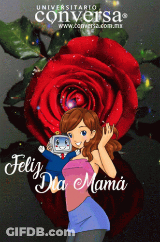 A Cartoon Of A Woman And A Robot With The Words Feliz Dia Mama On The Bottom GIF