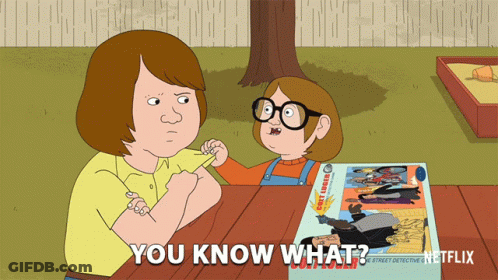 A Cartoon Of A Woman And Child Sitting At A Table With The Words " You Know What " GIF