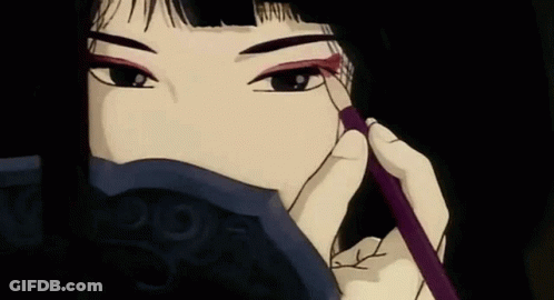 A Cartoon Of A Woman Applying Eye Shadow With A Brush . GIF