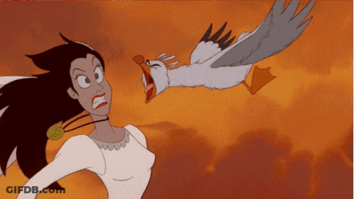 A Cartoon Of A Woman Being Attacked By A Seagull GIF