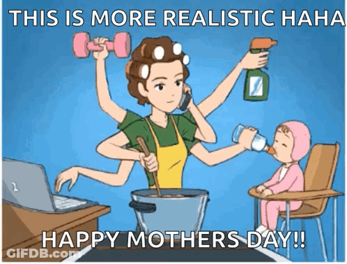 A Cartoon Of A Woman Cooking And Talking On A Cell Phone While A Baby Drinks From A Bottle .. GIF