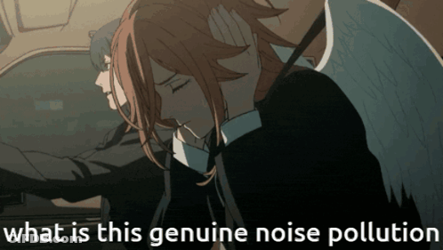 A Cartoon Of A Woman Covering Her Ears With The Words " What Is This Genuine Noise Pollution " Below Her GIF