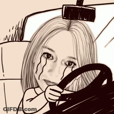A Cartoon Of A Woman Crying While Holding A Steering Wheel In A Car . GIF