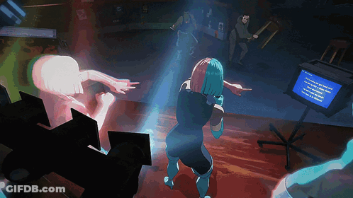 A Cartoon Of A Woman Dancing In Front Of A Computer Monitor That Says " Windows " On It GIF