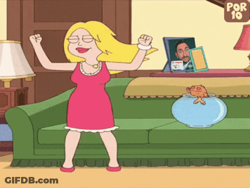 Cartoon Woman Dancing In Front Of Green Couch GIF
