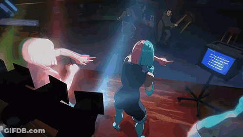 A Cartoon Of A Woman Dancing In Front Of A Screen That Says ' I 'M Not A Robot ' On It GIF