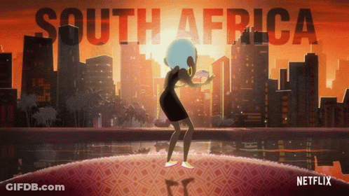 A Cartoon Of A Woman Dancing In Front Of A South Africa Sign GIF