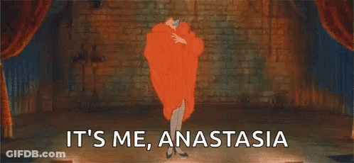 A Cartoon Of A Woman Dancing On A Stage With The Words `` It 'S Me Anastasia '' GIF