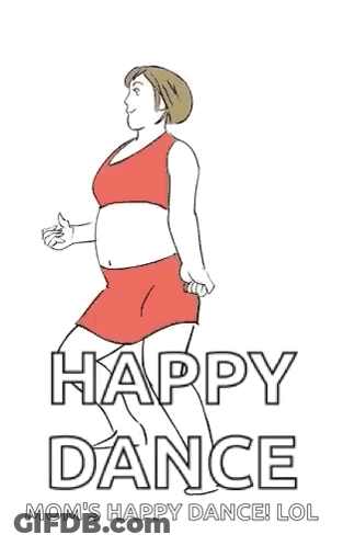 A Cartoon Of A Woman Dancing With The Words `` Happy Dance Mom 'S Happy Dance ! Lol '' . GIF