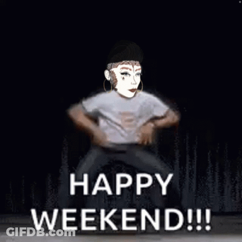 A Cartoon Of A Woman Dancing With The Words Happy Weekend Written Below Her GIF