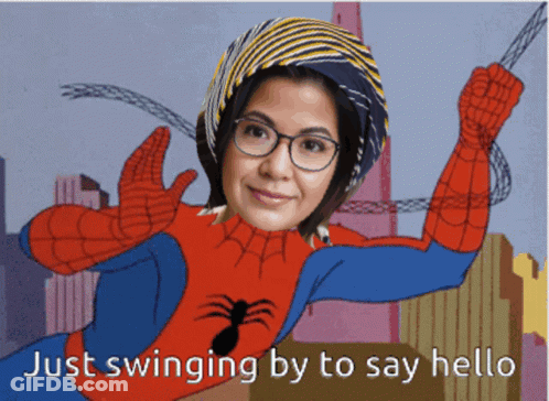 A Cartoon Of A Woman Dressed As Spider-Man With The Words Just Swinging By To Say Hello GIF