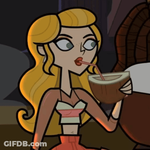 A Cartoon Of A Woman Drinking From A Coconut With A Straw GIF