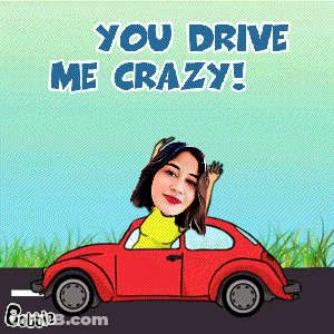 A Cartoon Of A Woman Driving A Red Car With The Words You Drive Me Crazy GIF