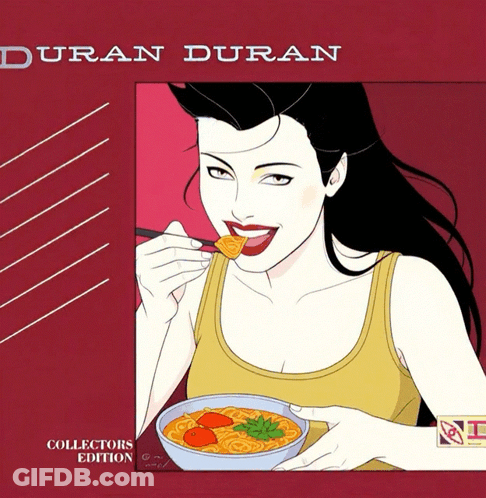 A Cartoon Of A Woman Eating A Bowl Of Soup With The Name Duran Duran On The Top GIF