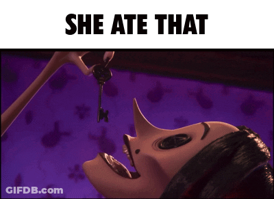 A Cartoon Of A Woman Eating A Key With The Words She Ate That Below Her GIF