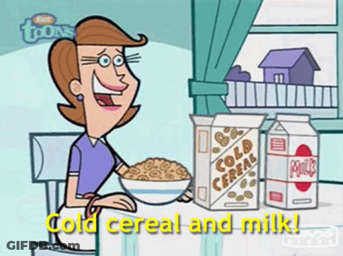 A Cartoon Of A Woman Eating Cereal And Milk GIF