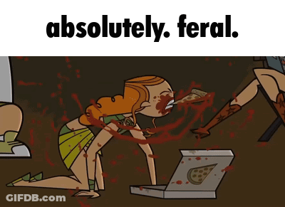 A Cartoon Of A Woman Eating Pizza With The Words Absolutely Feral Below Her GIF