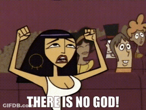 A Cartoon Of A Woman Flexing Her Muscles With The Caption There Is No God GIF
