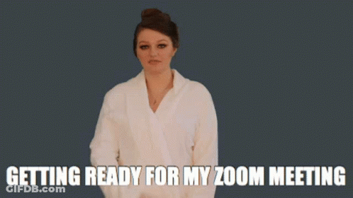 A Cartoon Of A Woman Getting Ready For A Zoom Meeting . GIF