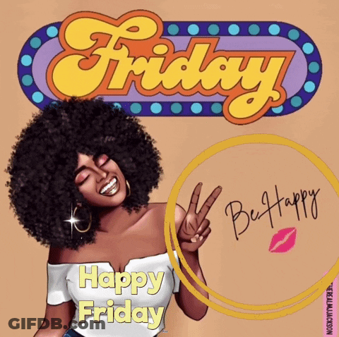 A Cartoon Of A Woman Giving A Peace Sign With The Words Happy Friday Below Her GIF