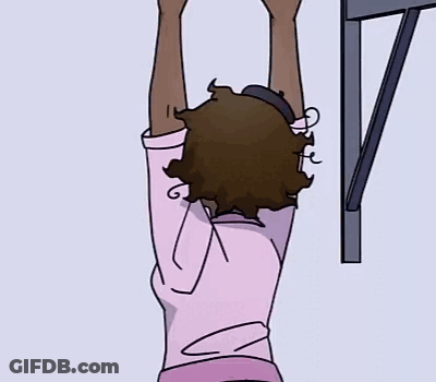 A Cartoon Of A Woman Hanging Upside Down On A Wall With Her Hands In The Air . GIF