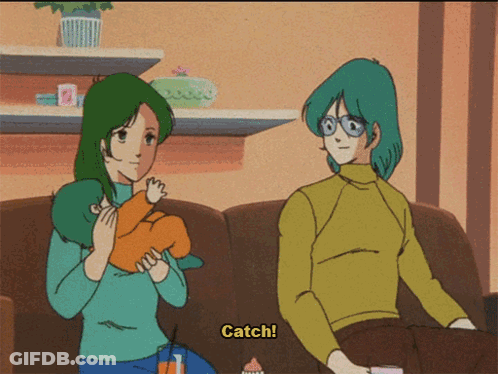 A Cartoon Of A Woman Holding A Baby And A Man Sitting On A Couch Says Catch GIF